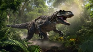Wallpaper shows a dinosaur running in the forest with its mouth open. Bright green vegetation in the background.