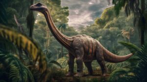 a hyper realistic sauropod dinosaur standing in a forest