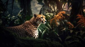 wallpaper of a cheetah in middle of a lush forest standing calmly