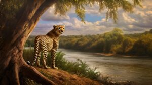 wallpaper of a realistic painting of a cheetah standing on a river bank