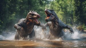 two dinosaurs fighting in the water splashing water