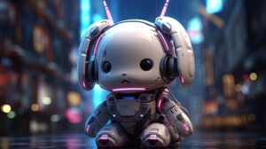 3d image of robotic cinnamoroll cyberpunk style
