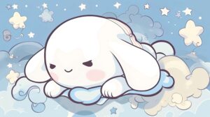 image of a happy cinnamoroll with blue background and cloudy stars