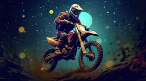 man riding a dirt bike with neon background