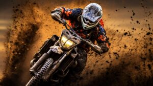 man riding dirt bike with dirt splash in the background