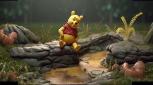 3d art of winnie the pooh sitting on a rock