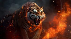 A angry tiger coming out of flames wallpaper with dark background