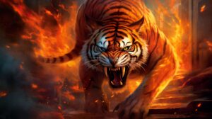 An angry fire tiger running towards the screen wallpaper