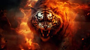 Wallpaper of a fire tiger looking at the screen angrily