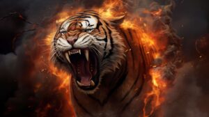 Wallpaper of an angry fire tiger roaring and coming out of smoke and flames