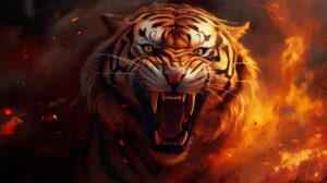Wallpaper of an angry fire tiger staring at screen and roaring