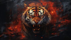 a realistic painting of an angry fire tiger with dark background