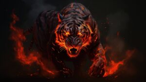 an angry fire tiger wallpaper with dark background and flames rising