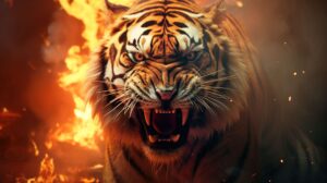 an angry tiger with fire in the background staring at the screen