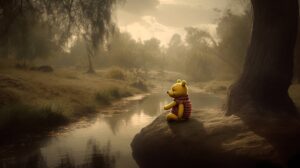 winnie the pooh sitting at a river bank smiling sadly