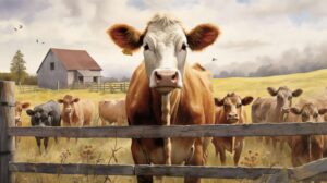 A Brown cow standing near a fence looking at the camera
