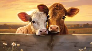 A baby brown cow and white cow together looking into the camera