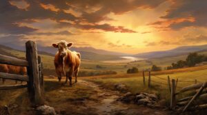 A brown cow stainding on a plane with sunset in the background