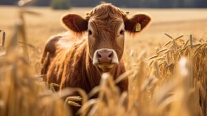 A brown cow standing in a golden field