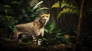 A cheetah standing in a forest looking at the screen