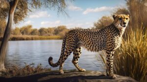 A cheetah standing near a pond