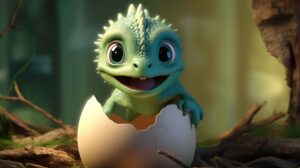 A cute green dinosaur just hatched looking at the screen