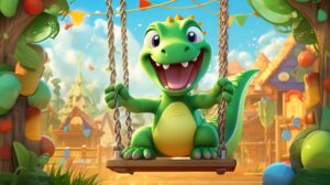 A cute green dinosaur riding a swing in a theme park