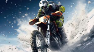 A dirt bike rider wearing green dress riding through snow