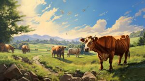 A painting of several brown cows gazing in the field
