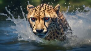 An angry cheetah in a river splashing the water