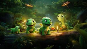 Four cute green dinosaurs playing in a forest