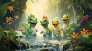 Painting of four cute green dinosaurs playing in a pond