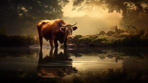 Wallpaper of a brown cow drinking water from a stream