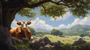 Wallpaper of a brown cow sitting in a tree shade with hills in background