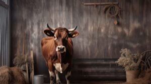 Wallpaper of a brown cow standing in a barn with brown wooden wall in backyard