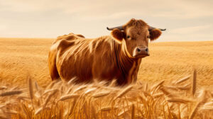 Wallpaper of a brown cow standing in a golden field