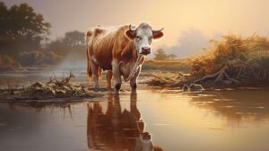 Wallpaper of a brown cow standing in a river
