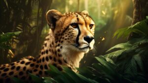 Wallpaper of a close up image of a cheetah standing in a forest with sun shine coming from top