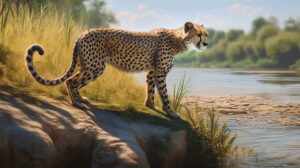 Wallpaper of a cheetah standing on a river bank