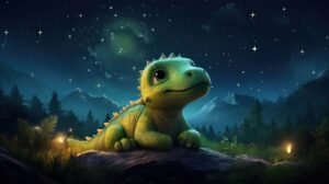 Wallpaper of a cute green dinosaur looking at the night sky
