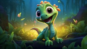 Wallpaper of a cute green dinosaur smiling while looking at the screen