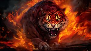 A blazing fire tiger, fur ablaze in vibrant reds and oranges, surrounded by fierce flames for a captivating and intense wallpaper