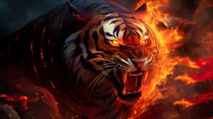 A captivating wallpaper featuring a fiery tiger with vibrant red and orange fur encircled by intense flames