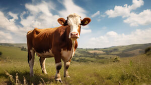 A close up of a serene brown cow grazing in a sunlit meadow, with a peaceful expression and a backdrop of rolling hills
