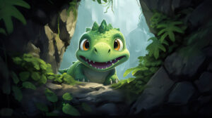 A delightful wallpaper capturing a mischievous green dinosaur peeking from behind a boulder its playfully gleaming eyes set in a cute and playful scene