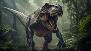 A dinosaur with its mouth open running in a forest