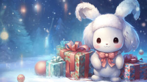 A festive holiday themed illustration of Cinnamoroll in a winter wonderland, surrounded by snowflakes, presents, and holiday cheer