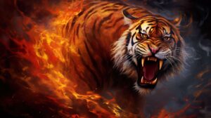 A fierce fire tiger with blazing fur, surrounded by swirling flames for a dramatic backdrop of reds and yellows