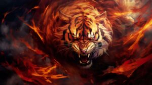 A fierce raging tiger with intense eyes surrounded by swirling flames that accentuate its fiery nature forming a captivating and energetic wallpaper