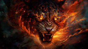 A fierce tiger ablaze its eyes ablaze amidst chaos forms a captivating and vibrant wallpaper powerful and full of life